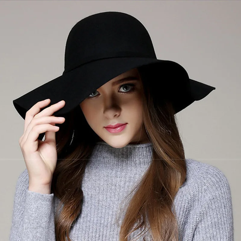 Autumn Winter Women Felt Hats Fedoras Big BrimTop Hat British Style Lady Flat Brim White Cap