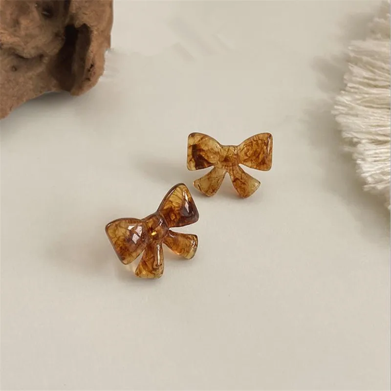 Trendy Amber Resin Bowknot Earrings For Women Jewelry Top Quality Silver 925 Stud Earrings Female Piercing Accessories Lady Gift