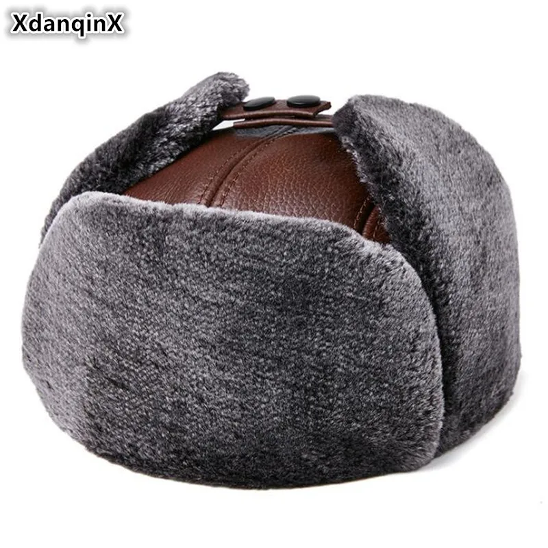 XdanqinX Super Warm Men Winter Fur Hat Genuine Leather Cap Thick Velvet Bomber Hats Men's Cowhide Leather Earmuffs Hat Ski Caps