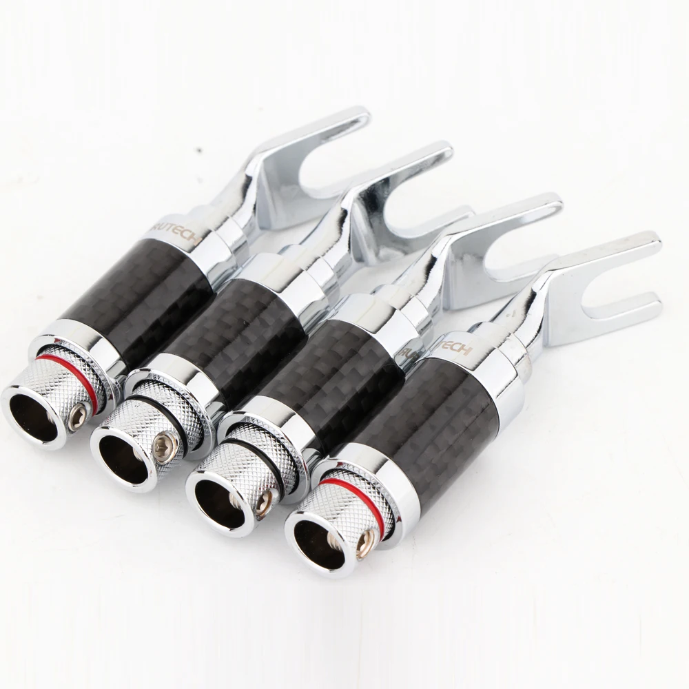 4 Stück rhodinierter Y-Spaten-Stecker, schwarzer Kohlefaser-Lautsprecherkabelstecker – Detail 4