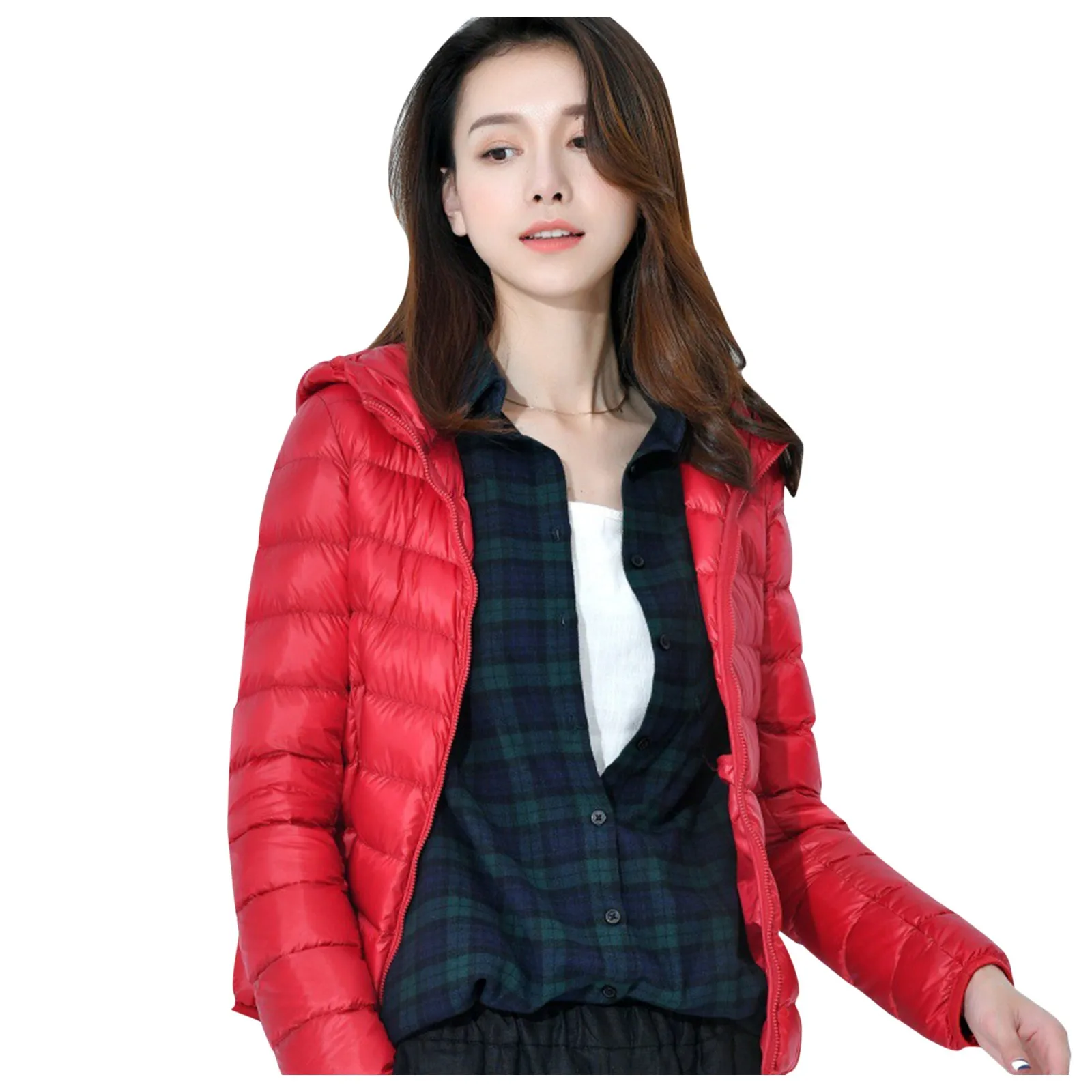 Chaqueta de fino algodón Down con capucha para mujer, prendas de vestir portátiles ultraligeras de plumón de pato rojo, cálido para otoño e invierno