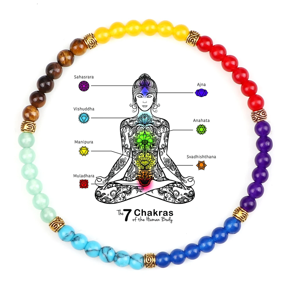 Minimalist 4 6MM 7 Chakra Natural Stone Bracelet Women Yoga Elastic Rope Bracelets Couple Adjustable Braided Bangles Jewelry New