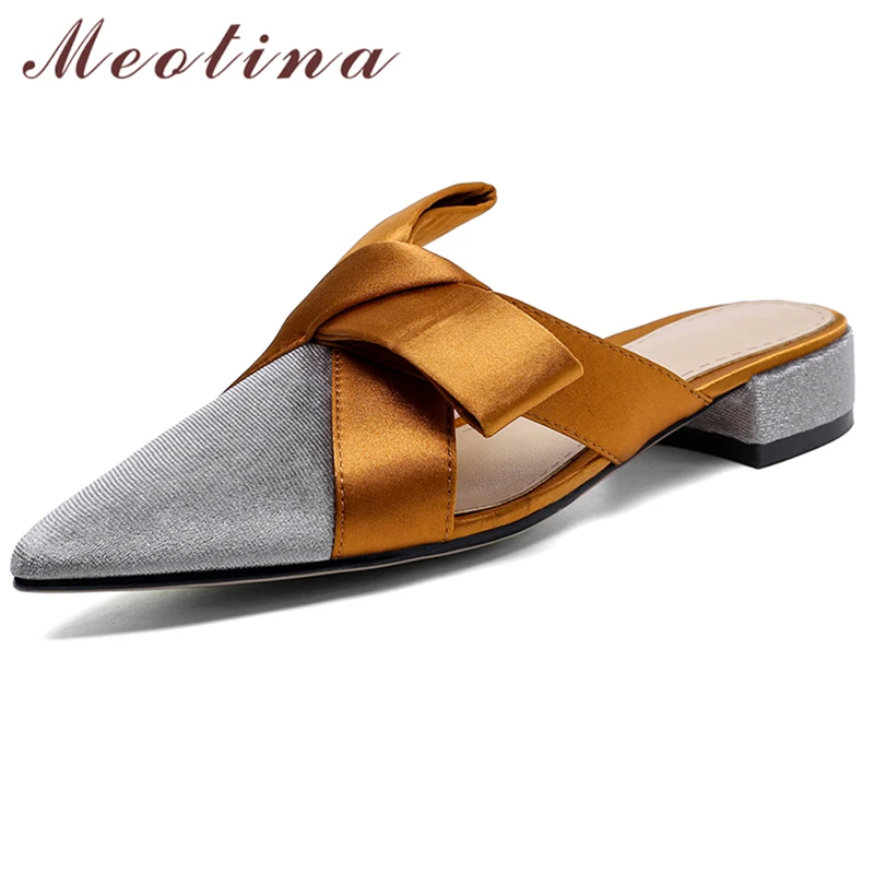 Meotina Flat Sandals Pointed Toe Mules Summer Bow Ladies Slides Women Shoes Fashion Flat Slippers Ladies Footwear 2021 Gray