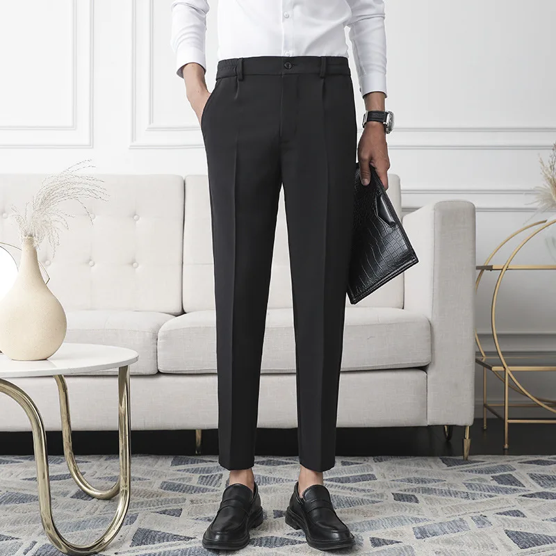 New Men Non-iron fabric Dress Pants Slim Straight Black Apricot Dark Gray Casual Suit Pants Male Business Little Feet Suit pants