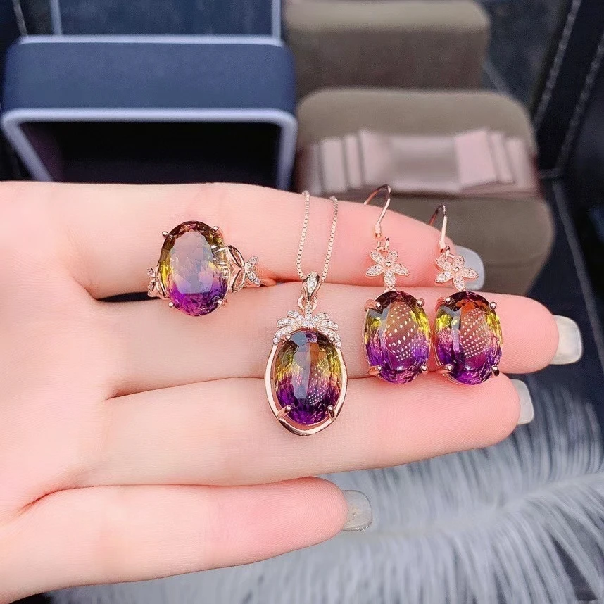 

Fine Jewelry 925 Pure Silver Inset With Gem Women's Luxury Noble Oval Ametrine Pendant Adjustable Ring Earring Set Support Detec