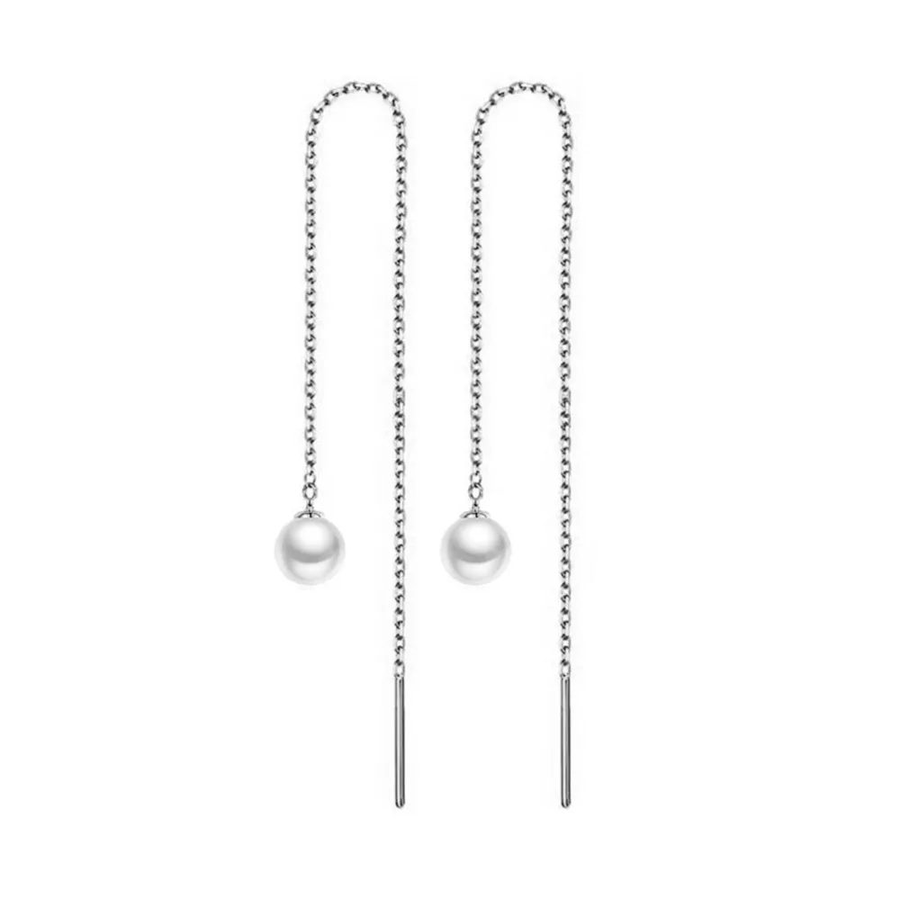 MinaMaMa Stainless Steel Tassel Long Imitated Pearl Earring For Women Girls Minimalist Threader Earrings New Trendy Jewelry