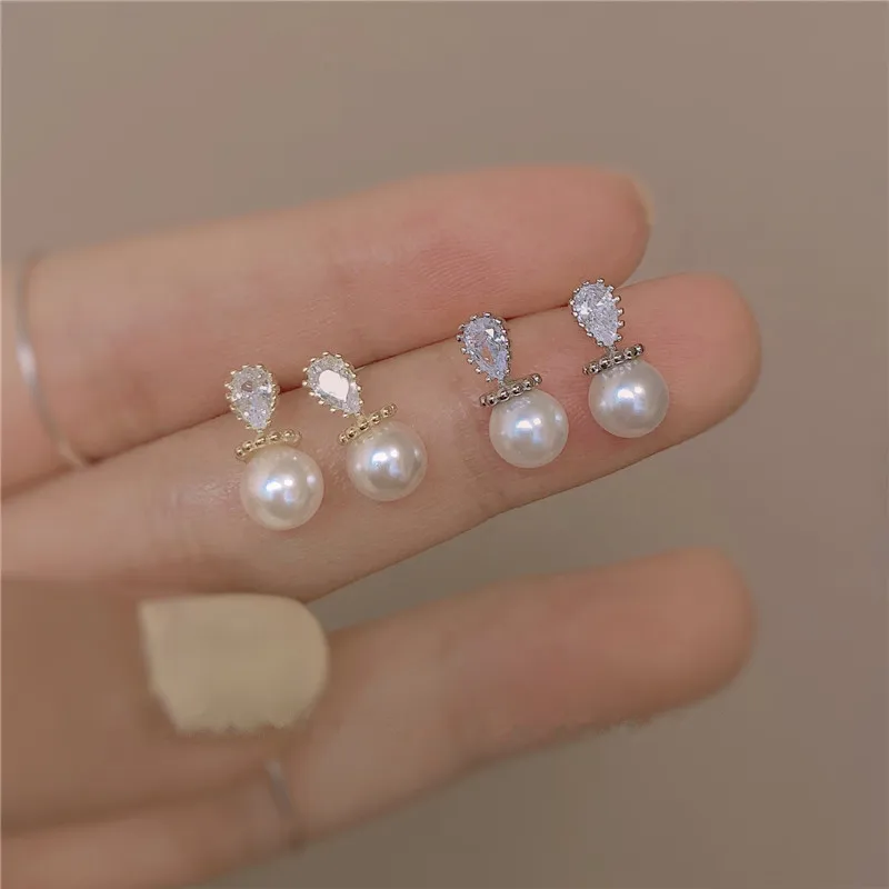 925 Sterling Silver Japanese Water Drop Crystal Pearl Plating 14k Gold Stud Earrings Women Small Fresh Charm Party Jewelry