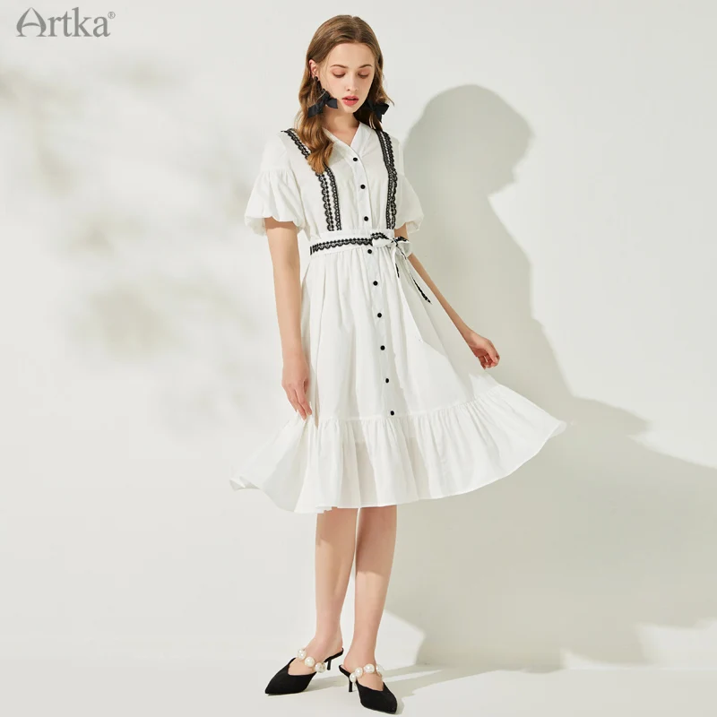 

ARTKA 2021 Summer New 100% Cotton Elegant V-Neck Lantern Sleeve White Dresses Women Ruffle Midi Shirt Dress With Belt LA22518X