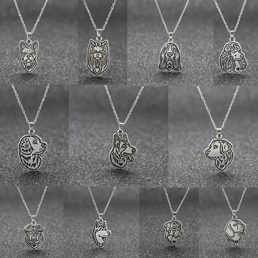 Vintage Silver Color 12 Style Dog Breeds Pet French Bulldog Beagle Husk Pendant Necklace For Women Stainless Steel Long Chain