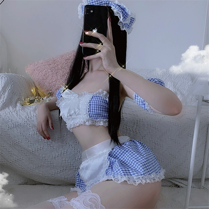 Karnawał Party Maid Cosplay kostiumy damskie fartuch jednolite kobiece strój pokojówki seksowna bielizna nocna z krótkim rękawem krótka spódniczka lato