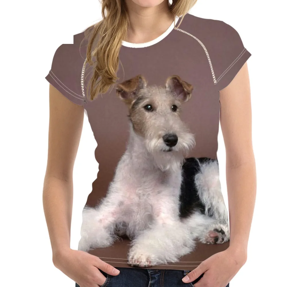 NOISYDESIGNS Funny 3D Dog Fox Terrier Girl O Neck T Shirts Fashion Brand Summer Short T-shirts Animal Design Woman Tee Plus Size