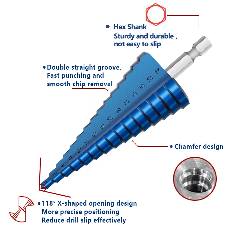 CMCP ขั้นตอนกรวยเจาะตรงขลุ่ย Stepped เจาะ Bit Hex Shank HSS Core Hole Cutter 3-13 4-12/20 /22/32 มม.เจาะโลหะบิต