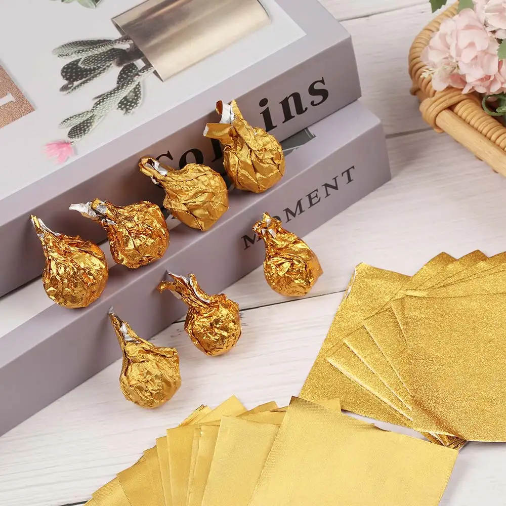 100PCS Golden Aluminum Foil Candy Chocolate Biscuits Wrapping Paper Metal Embossing Gift Craft Wedding Paper Packaging