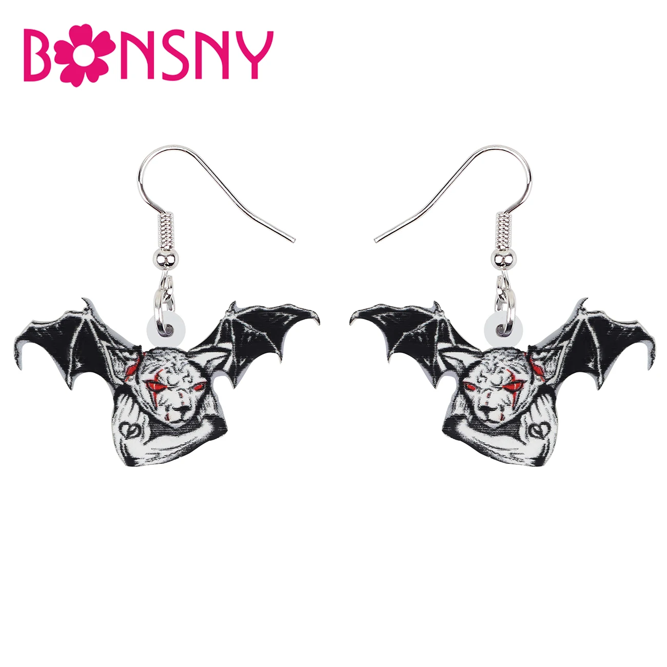 BONSNY Halloween Acrylic Magic Demon Black Wings Cat Earrings Big Novelty Drop Dangle Fashion Jewelry For Women Girls  Gifts