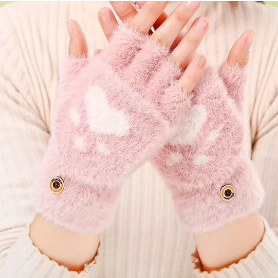 Kat Klauw Handschoenen Winter Warm Pluche Verdikte Student Half Vinger Flip Handschoenen Warm Pluche Vingerloze Handschoenen Dames Mooie Handschoenen