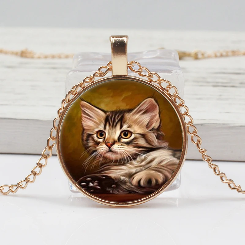 Cute Unique Necklace Glass Cabochon Bronze Chain Necklace Black Cat Picture Retro Pendant Necklace Woman Sweater Choker
