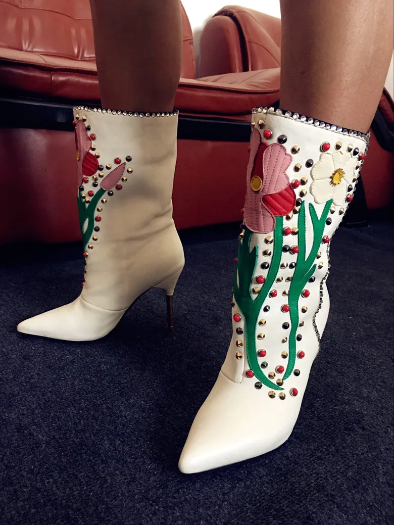 White Genuine Leather Ankle Boots Women Rivets Flowers Banquet Dress Shoes Woman Metal Thin High Heel Rhinestone Boots Female