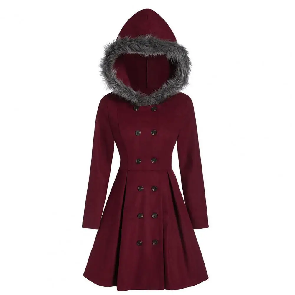 

Dress Large Hem Double Breasted Women Coat Autumn Winter Plush Hooded Solid Color A-line Mid-length Elegant Coat Outerwear