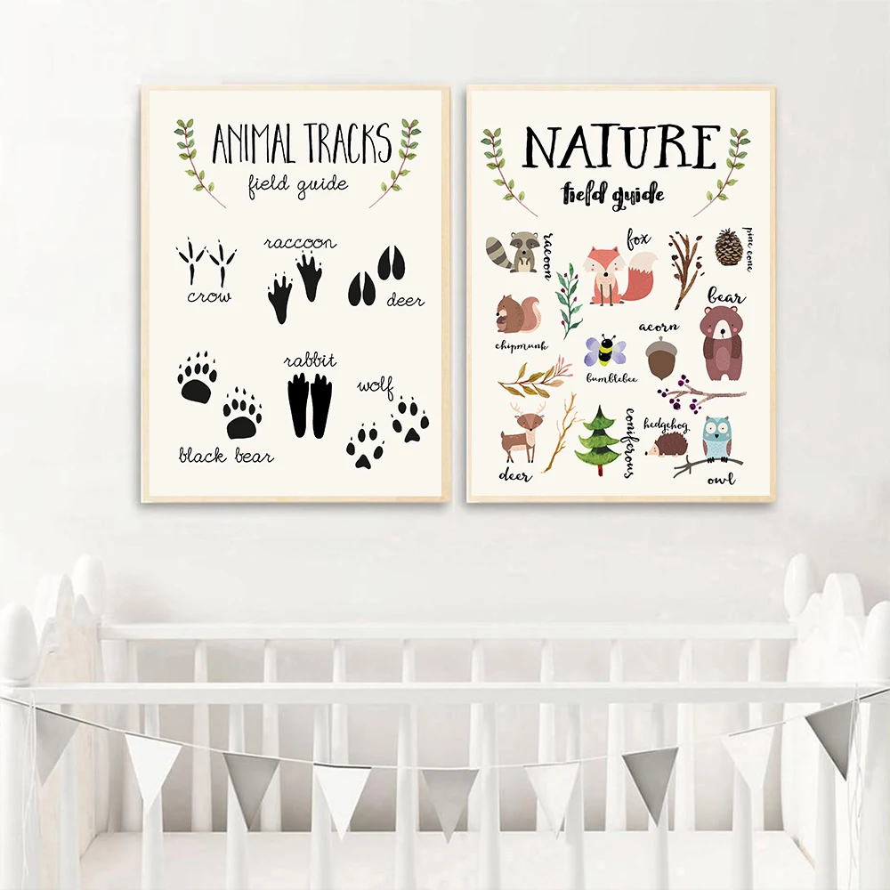 Woodland Animal Tracks Poster Canvas Art Prints Nursery Nature Field Guide Canvas Painting Wall Picture Rustic Nature Home Decor