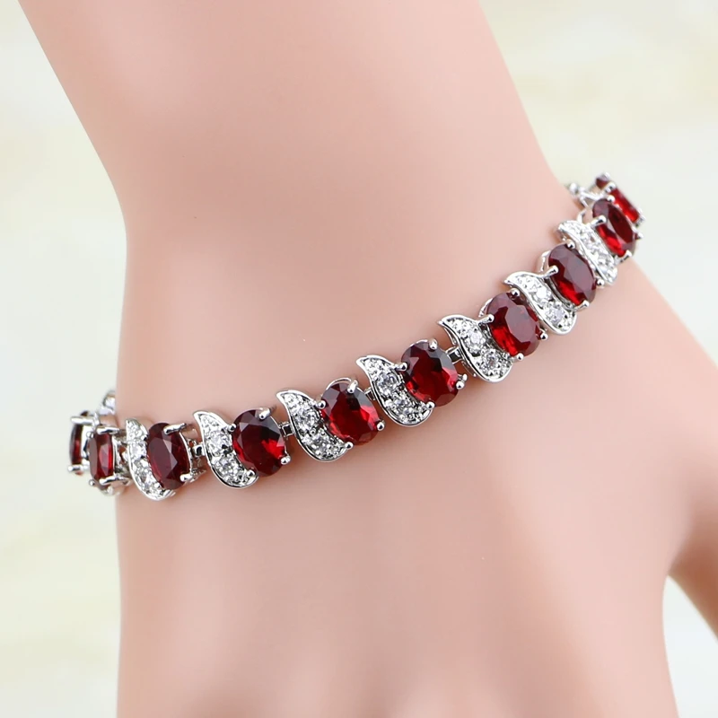 Oval Red Rhinestone White CZ Charm 925 Sterling Silver Chain Link Bracelet For Women Free Gift Box
