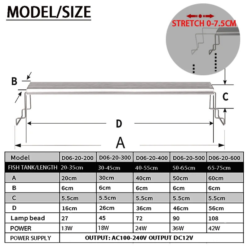 Aquarium LED light aluminum alloy ultra-thin lighting landscaping light 18-75CM retractable bracket plant LED light AC100-240v