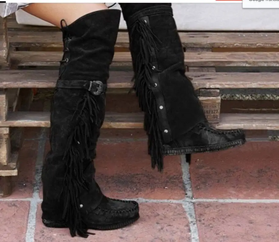 Fashion 2024 Bohemian Boho Over The Knee Boots Ethnic Women Tassel Fringe Faux Suede Leather Booties Girl Flat Long Botas Mujer