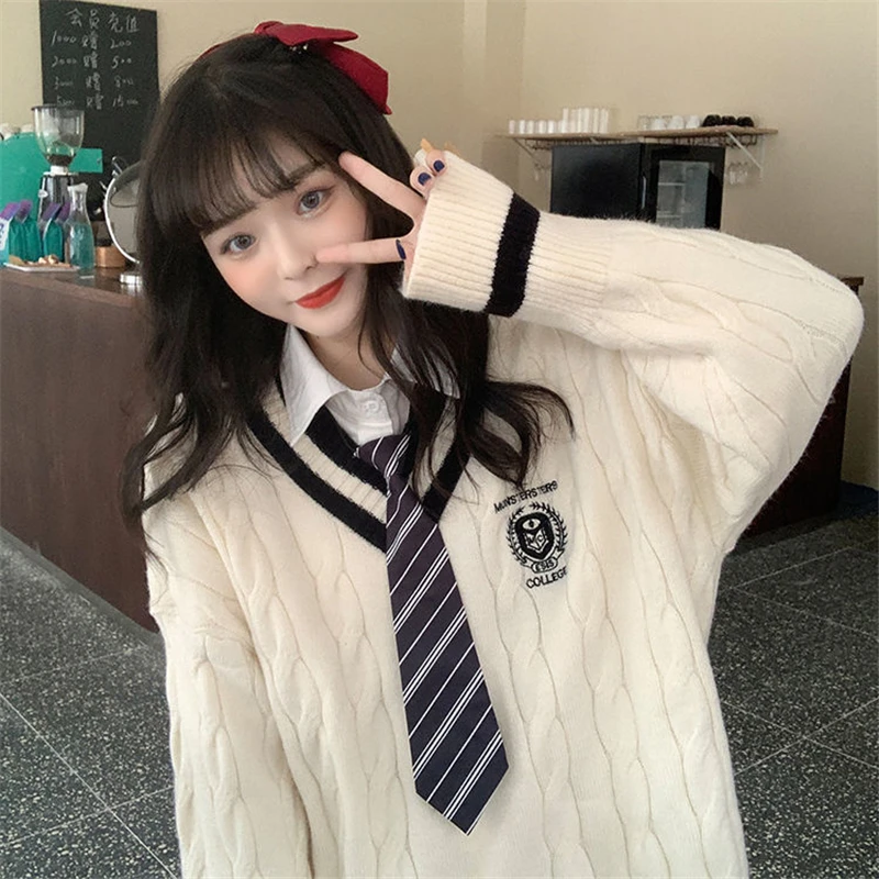 Cute Student Uniforms Autumn Winter Long Sleeve Sweater Women 2021 New Korean Version Style V-neck Loose Casual Knitted Sweater