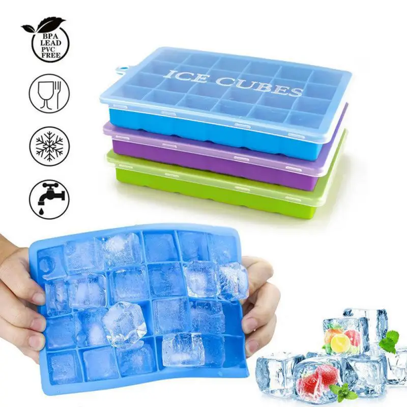 Venlohome 24 Ice Cube Tray Food Grade Silicone Ice Cube Maker Mold With Lid For Ice Cream Chocolate Party Whiskey Cocktail Drink