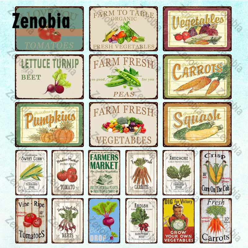 

Organic Fresh Vegetable Tin Sign Home Decorative Metal Sign Plaque Farm To Table for Kitchen Farmhouse Garden Wall Decoration