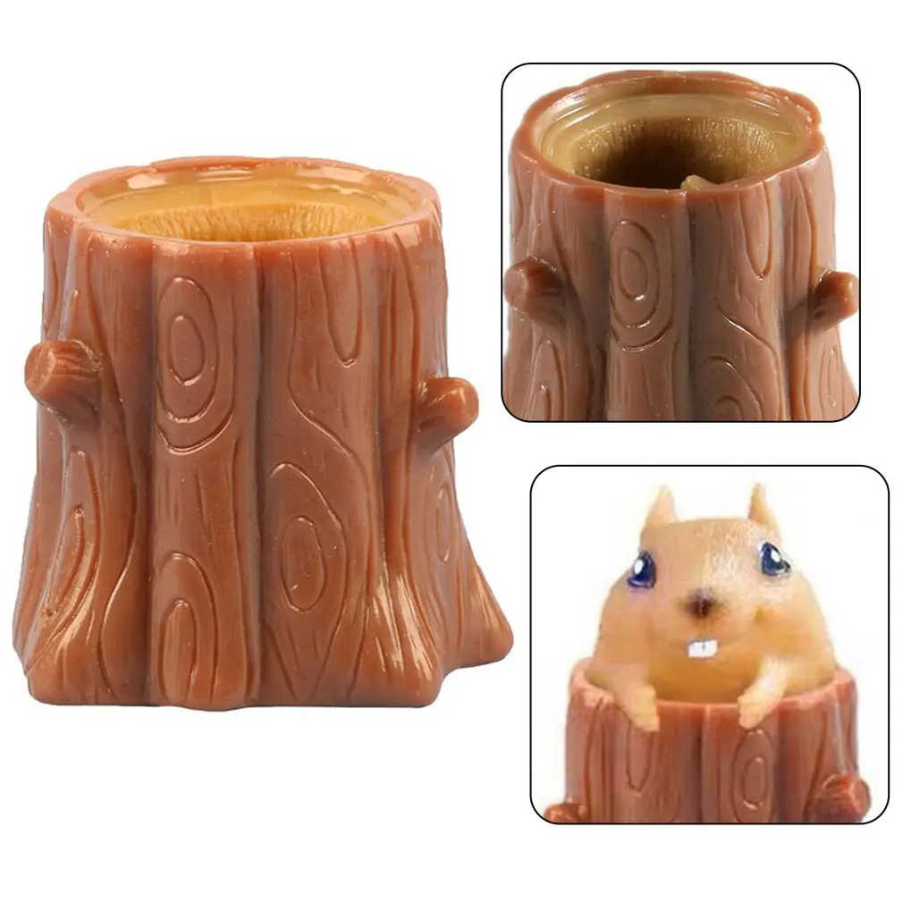 Squeeze Rubber Squirrel Cup Children\'s Toy Evil Decompression Tree Stump Oak Cute Miniature Telescopic Pen Holder Game Gift