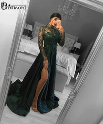 Illusion Long Sleeve Lace Beaded Emerald Green Evening Dresses 2024 A-Line Split Satin Sexy Party Prom Gowns Robe De Soiree