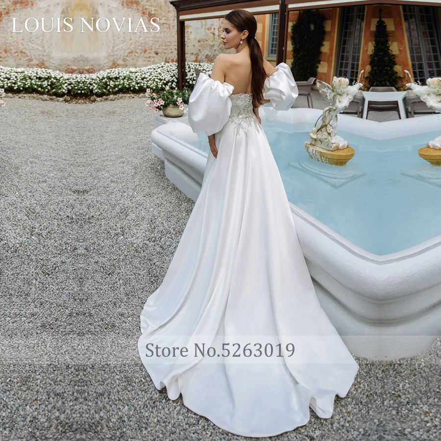 Louis Novias Romantic Vintage Wedding Dress 2020 Sweetheart No Back Foam Sleeve Soft Satin Applique A-shape Wedding Dress