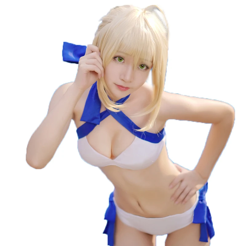 

Anime Saber Cosplay Fate Grand Order School Swimsuit Summer Swimming Sexy Costume White Blue Swimwear