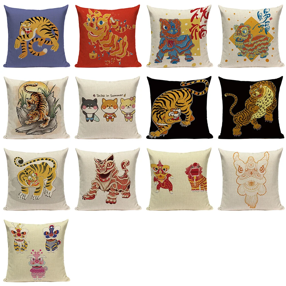 Cartoon Tiger Throw Pillow Case Lion Dance Cover for Pillow  Lion Animal Pillows for Decoration Cushions Bed Sofa Cushion Cover