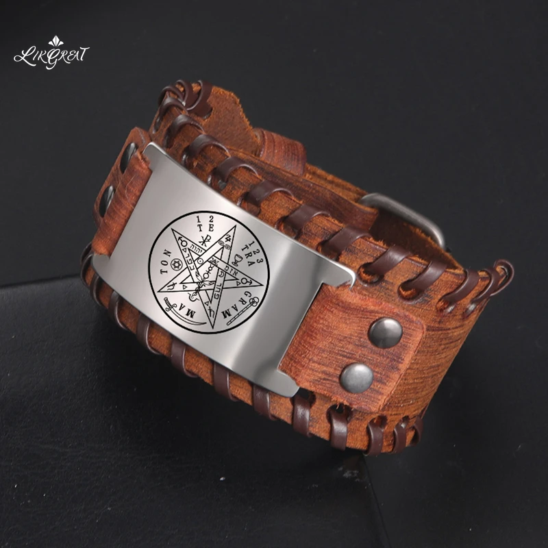 Tetragrammaton Pentagram Amulet Pentacle Leather Wrap Bracelets for Men Ancient Power Name of God Stainless Steel Wiccan Jewelry