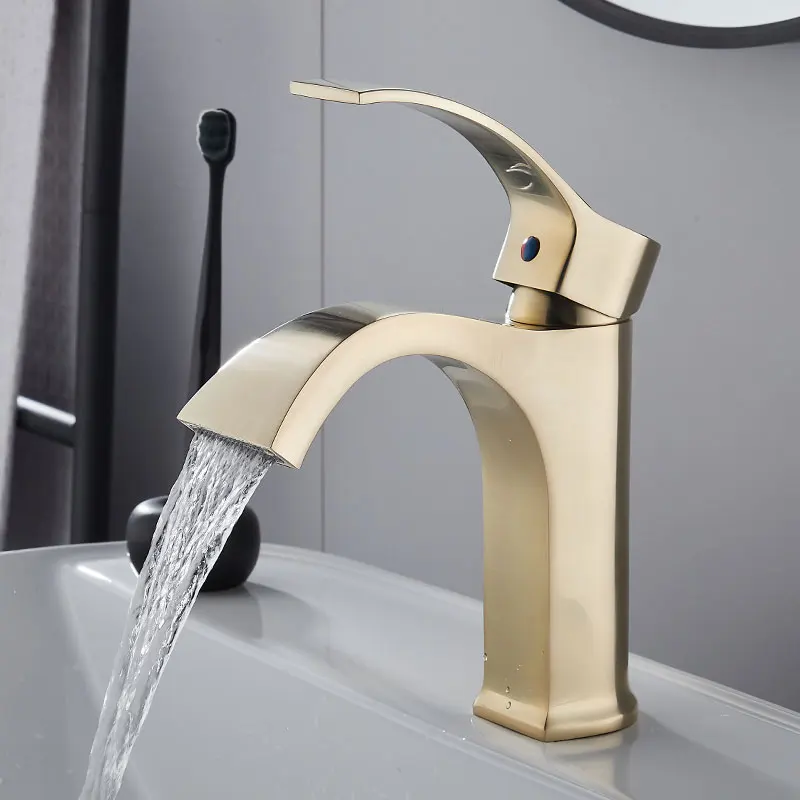 Tuqiu Hot Cold Basin Faucet  Bathroom Waterfall Brush Gold Sink Faucet Single Lever Brass Crane