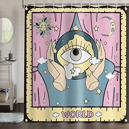 Tarot Card All Seeing Eye Witch Divination Hamsa Hand Pink Sun Moon Stars Clouds Art Colorful Abstract Shower Curtain