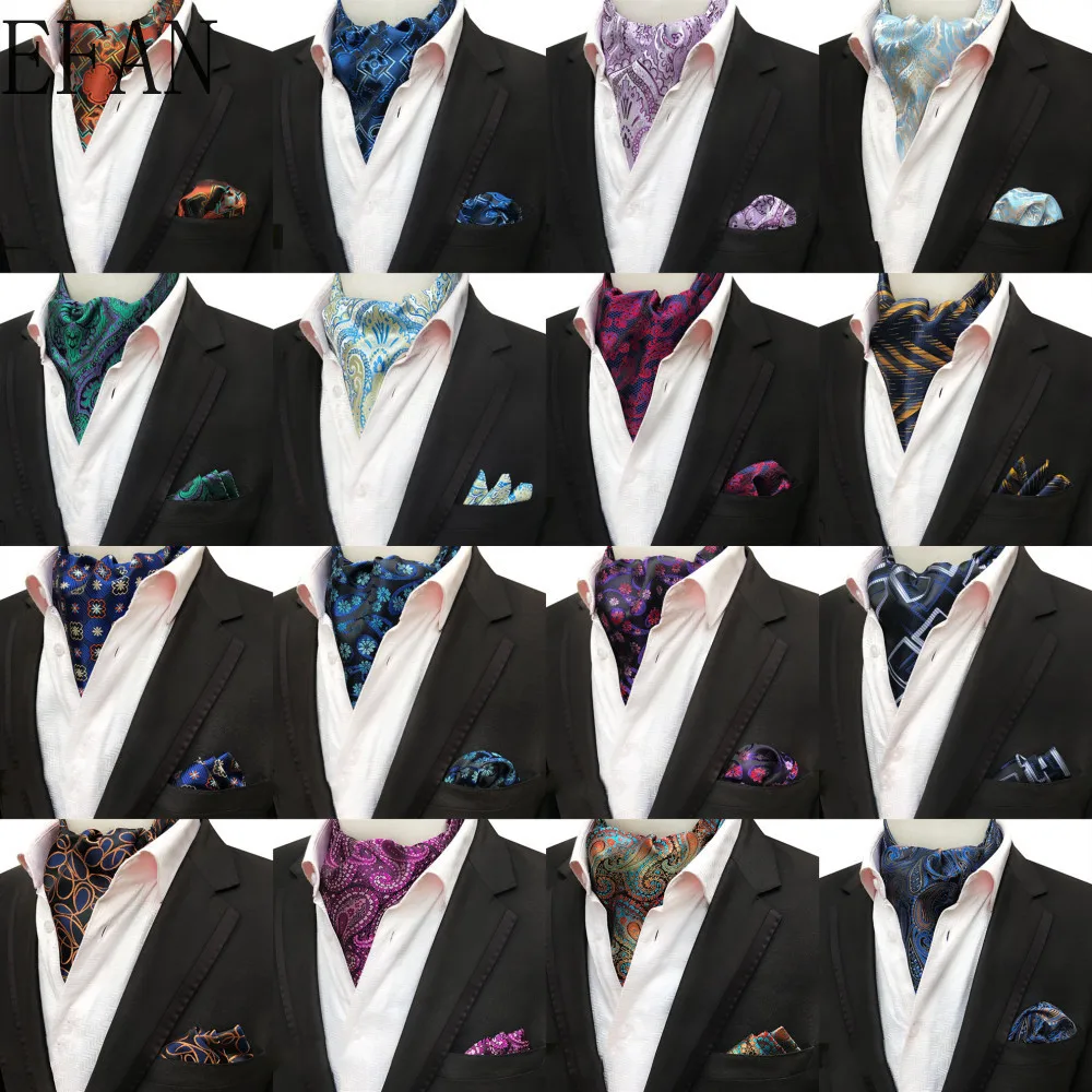 New Men Luxury Silk Ascot Tie set Man Cravat Ties Handkerchief Sets Floral Paisley Dots Pocket Square Necktie For Wedding Party