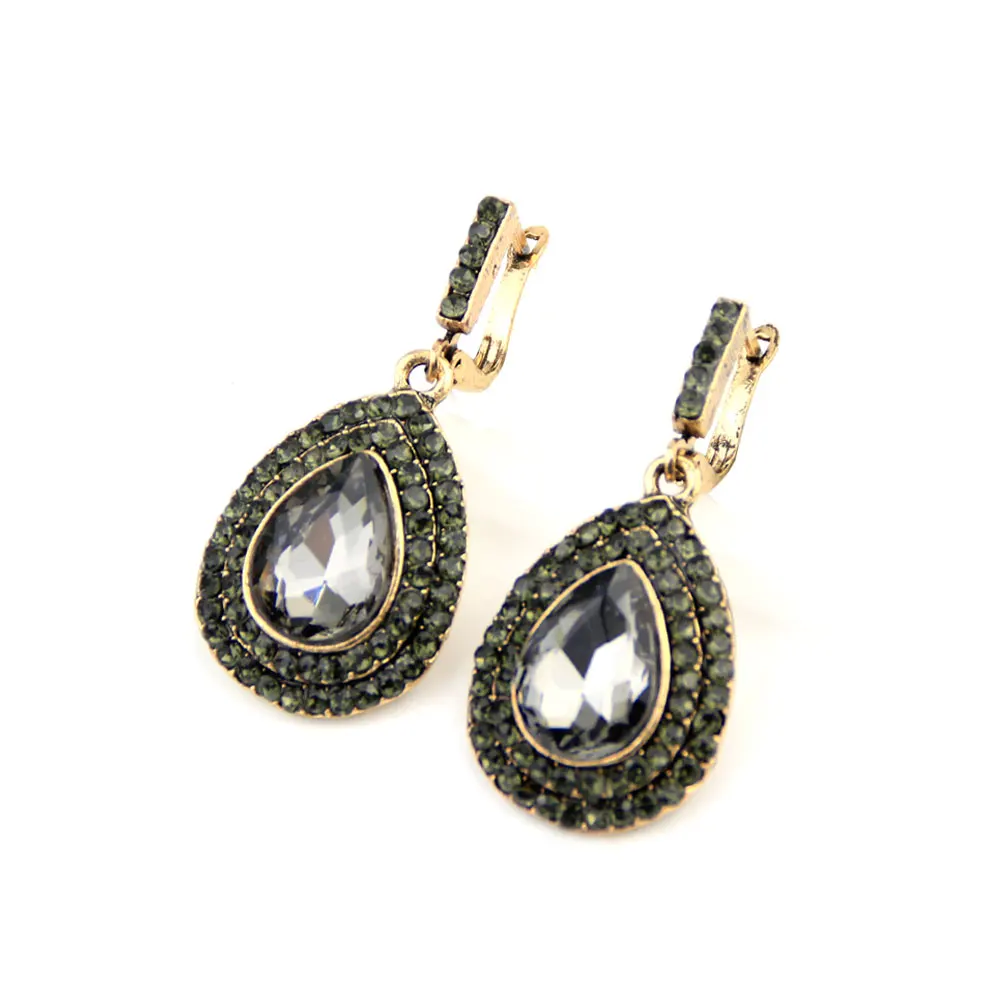 Sunspicems Vintage Bohemia Gray Crystal Dangle Drop Earrings for Women Retro Gold Color Turkish Ethnic Wedding Jewelry