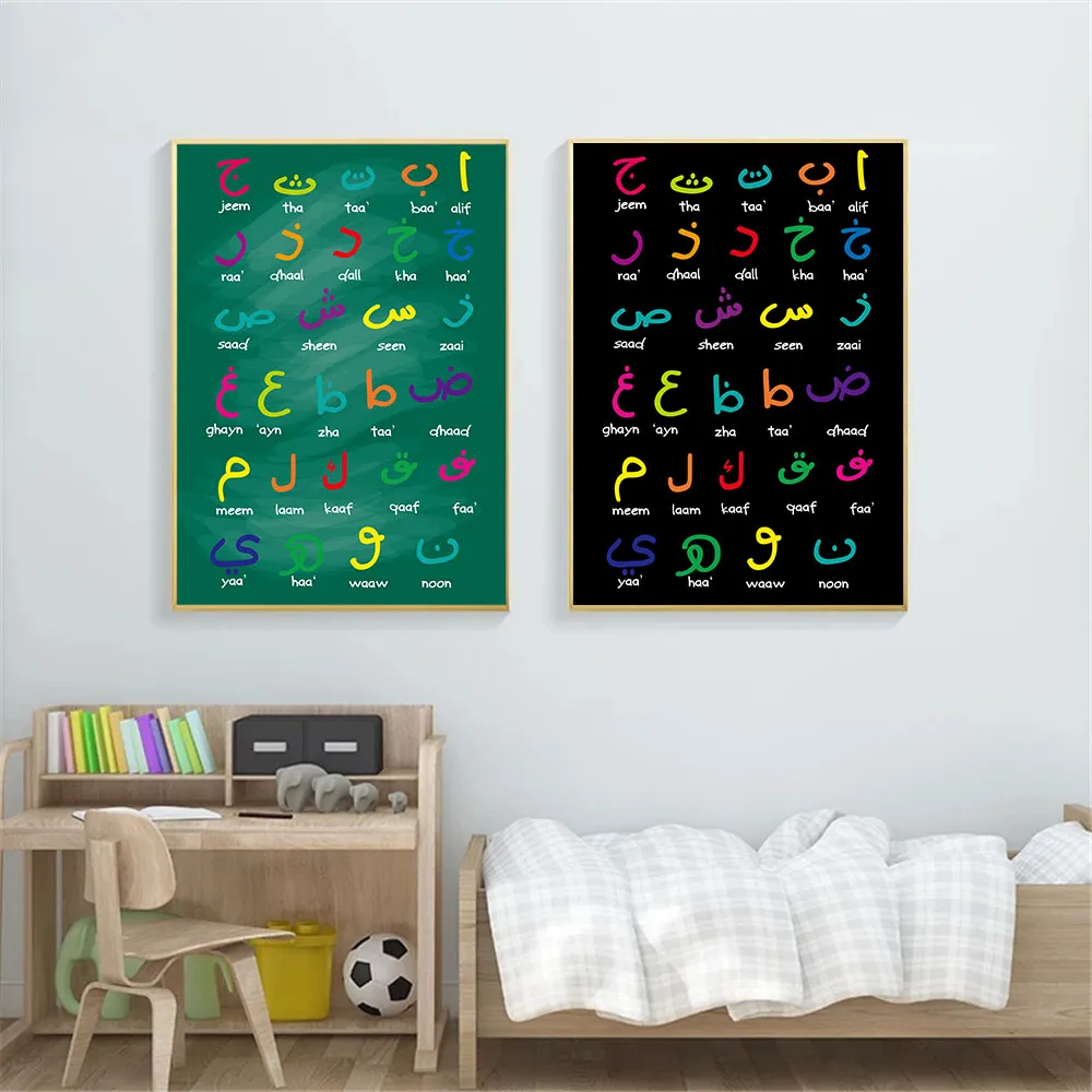 Arabic Calligraphy Wall Art Print Islamic Alphabet Canvas Painting Nursery Art Poster Nordic Wall Pictures Baby Kids Room Decor