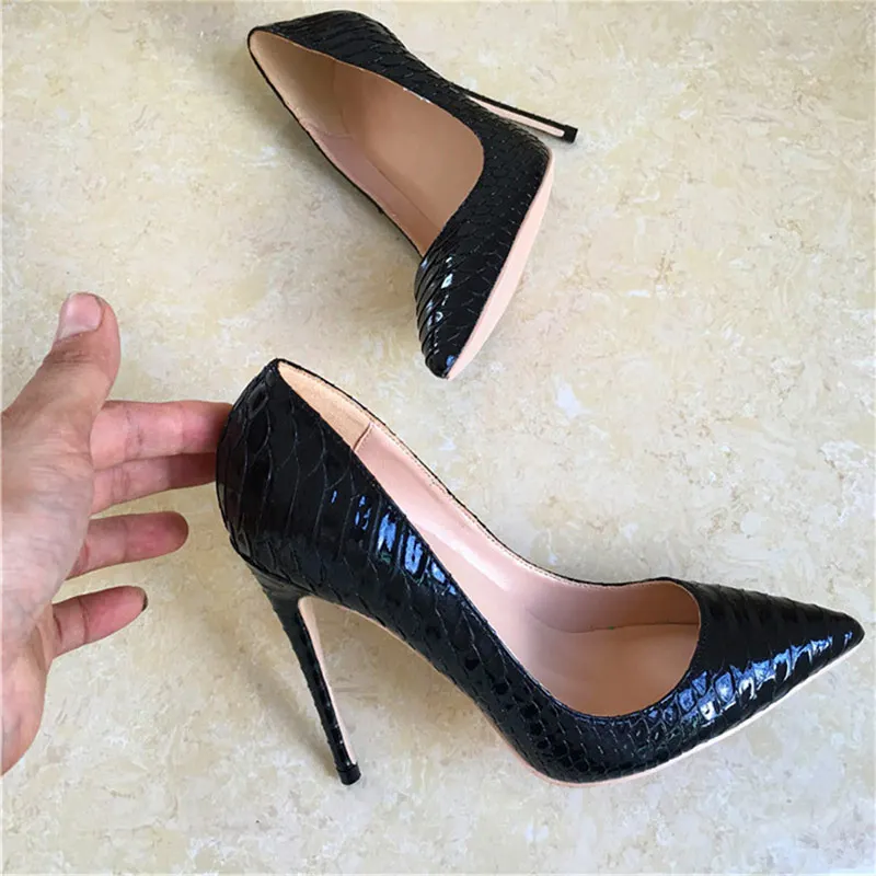 Tikicup Black Croc-Effect Women Sexy Evening Party High Heels Slip On Pointed Toe Fashion Pumps Ladies Designer Shoes Plus Size