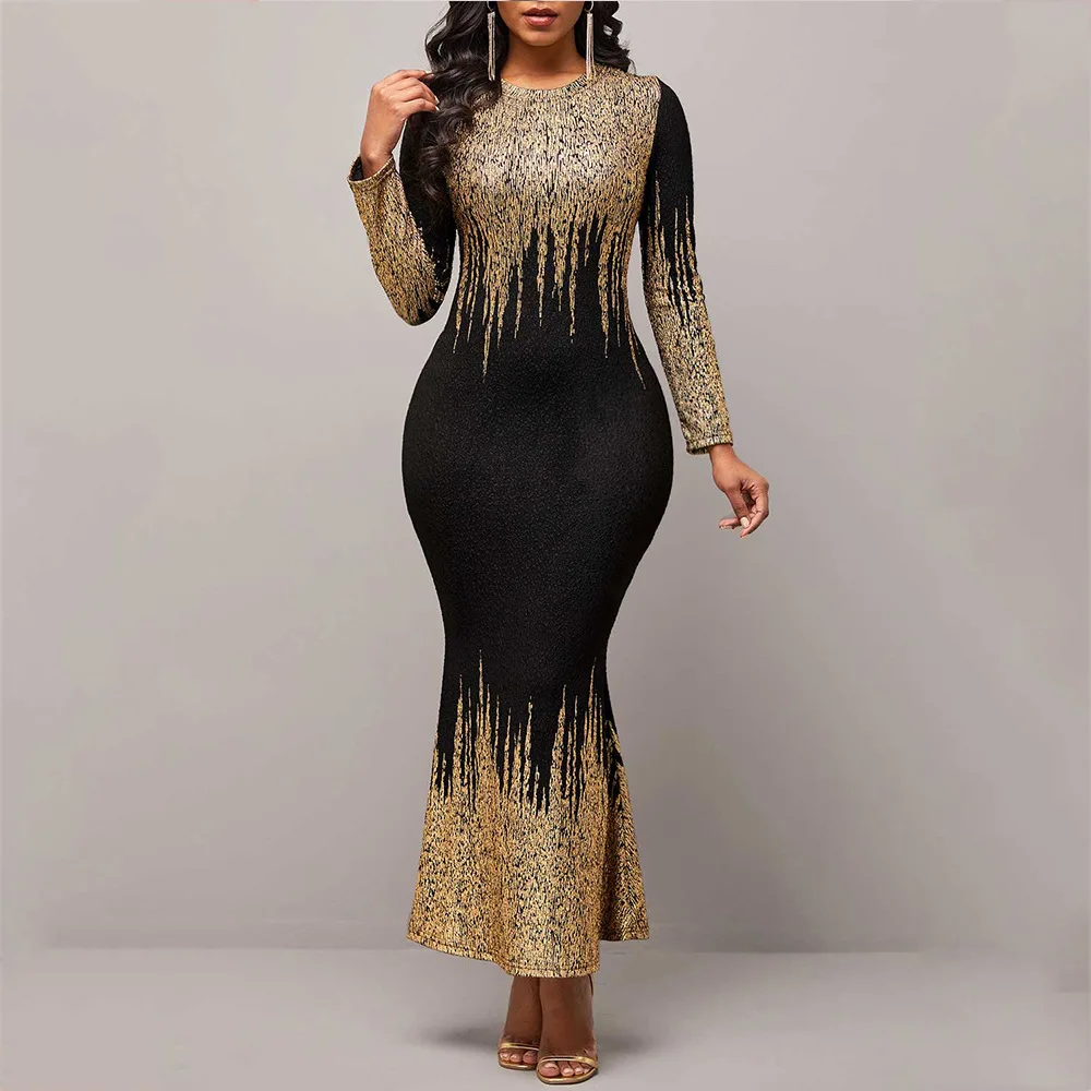 Elegant Bronzing Glitter Long Dress for Women O Neck Long Sleeve High Waist Bag Hip Mermaid Bodycon Dresses Party Evening Robe