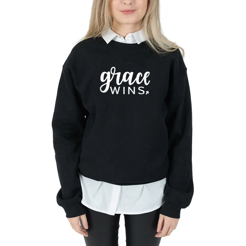 

Grace Wins Funny Slogan Round Neck Christian Jesus Hoodies Pulloves 100% Cotton Harajuku Women Sweatshirt Full Long Sleeve Shirt