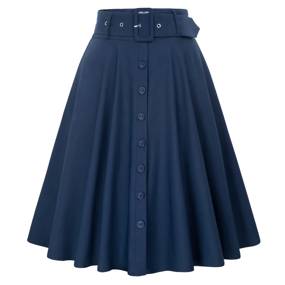 Party Skirt Ladies Skater Solid Swing Retro Womens With belt A-line Buttons Formal Cocktail