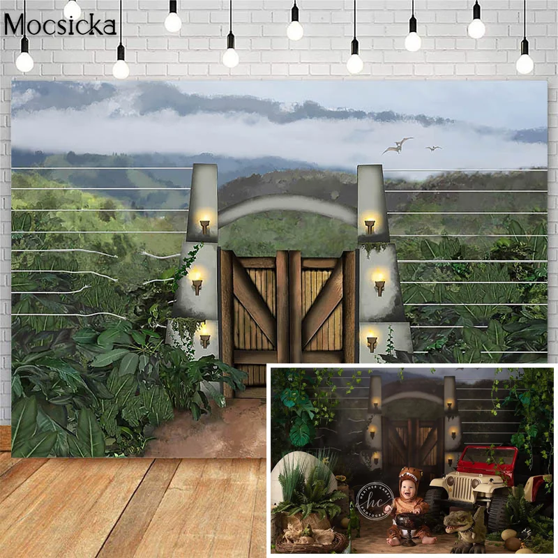 Mocsicka Jurassic Gates Dinosaur Children 1st Birthday Photography Backdrops Jungle Safari Photocall Background Photo Studio