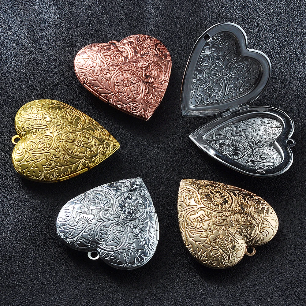 2 Pcs/Lot Big Heart Photo Frame Locket Box Copper Gold Color Steel Tone Pendant DIY Vintage Jewelry