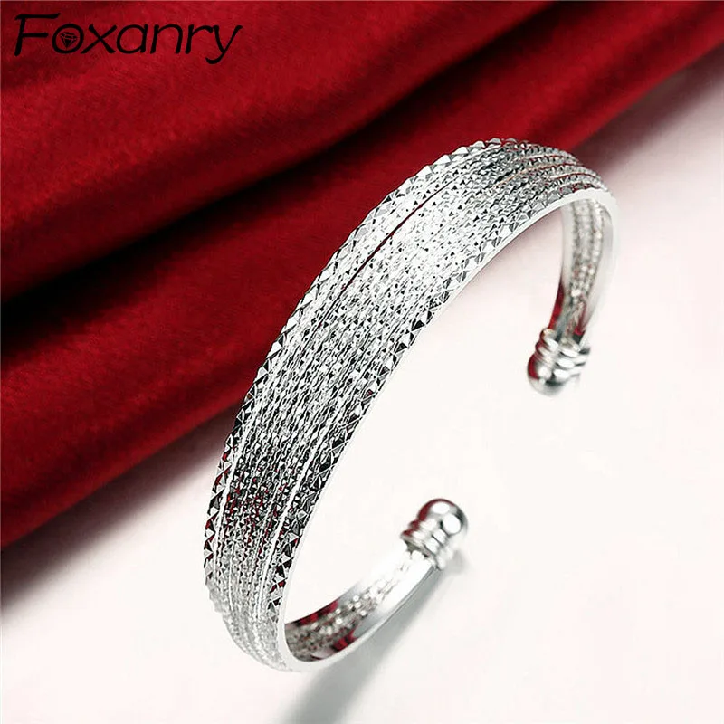 Foxanry Silver Color Wide Bracelet INS Fashion Vintage Elegant Simple Line Pattern Bangles Party Jewelry Gifts for Women