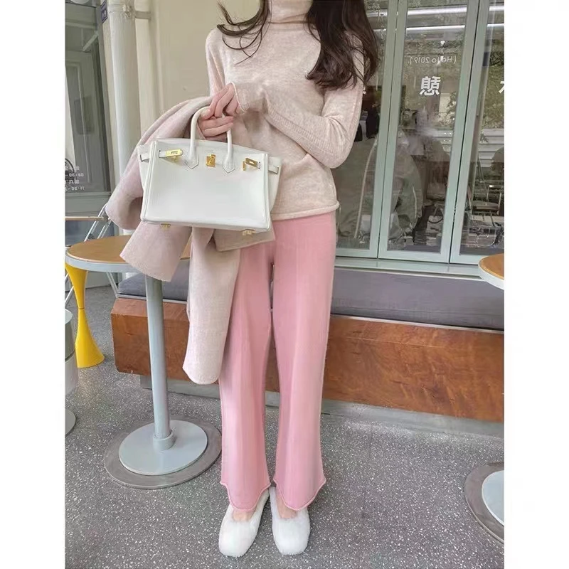 Hirsionsan Cashmere Soft Wide Leg Pants Women 2023 Winter Korean Vintage Straight Pants Loose Female High Waist Knitted Trousers