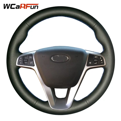 Кожаный чехол WCaRFun для Lada Vesta 2015, чехол рулевого колеса автомобиля, 2016, черный, прошитый вручную, 2017