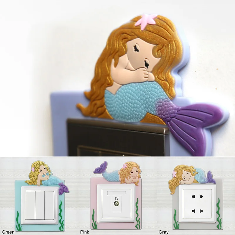 1Pcs Switch Sticker On-off Switch Stickers Fluorescent Removable Home Decor 8.6*8.6cm Washable Mermaid Pattern  Cute Cartoon
